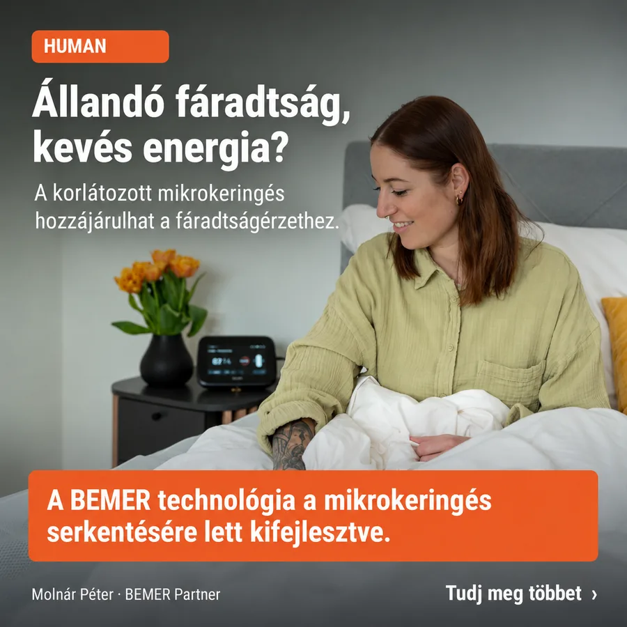 Nő az ágyban, az éjjeliszekrényen BEMER vezérlőegységgel – állandó fáradtság és energia témája