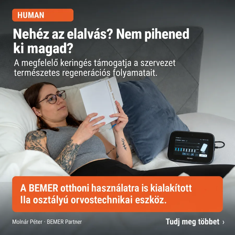 Nő az ágyban olvasva, mellette a BEMER vezérlőegysége – pihentető regeneráció otthon