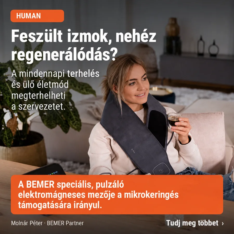 Nő a kanapén BEMER applikátorral – feszült izmok és nehéz regenerálódás témája